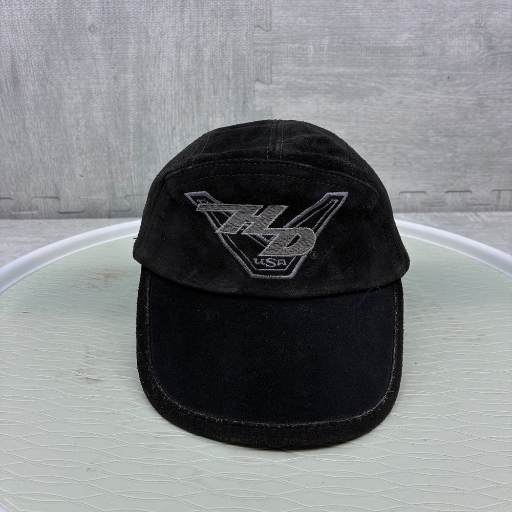 Vintage‎ Harley Davidson Hat Cap Strap Back Black 5 Panel Suede Biker Logo